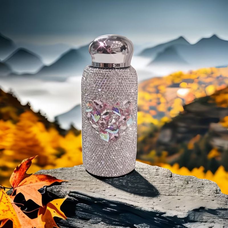 Pink Heart Pattern Handmade Luxury Diamond Insulated Water Bottle – Bling Rhinestone 304 Stainless Steel Pocket Mug (260ml)