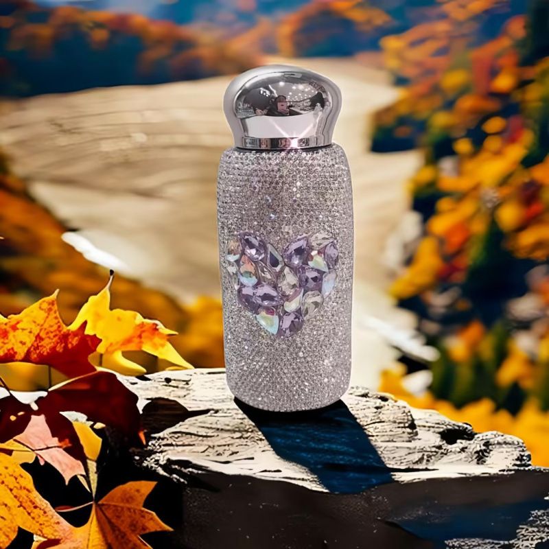 Purple Heart Pattern Handmade Luxury Diamond Insulated Water Bottle – Bling Rhinestone 304 Stainless Steel Pocket Mug (260ml)