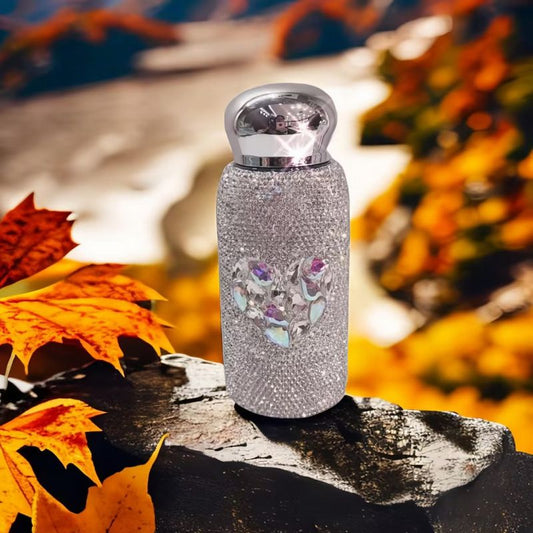 White Heart Pattern Handmade Luxury Diamond Insulated Water Bottle – Bling Rhinestone 304 Stainless Steel Pocket Mug (260ml)