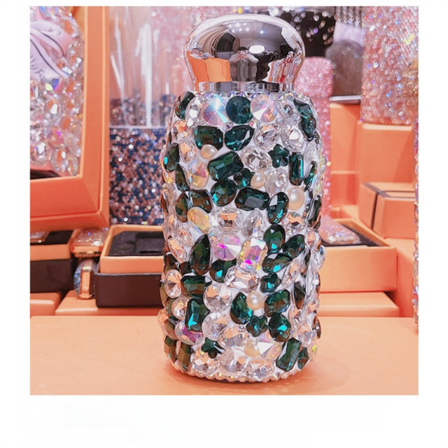 Green Square Crystal Handmade Luxury Diamond Insulated Water Bottle – Bling Rhinestone 304 Stainless Steel Pocket Mug (260ml)