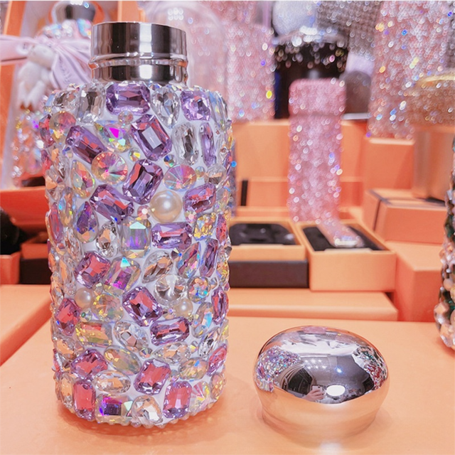 Purple Square Crystal Handmade Luxury Diamond Insulated Water Bottle – Bling Rhinestone 304 Stainless Steel Pocket Mug (260ml)