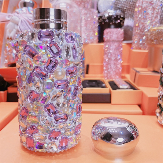 Purple Square Crystal Handmade Luxury Diamond Insulated Water Bottle – Bling Rhinestone 304 Stainless Steel Pocket Mug (260ml)