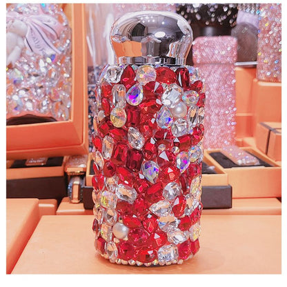 Red Square Crystal Handmade Luxury Diamond Insulated Water Bottle – Bling Rhinestone 304 Stainless Steel Pocket Mug (260ml)