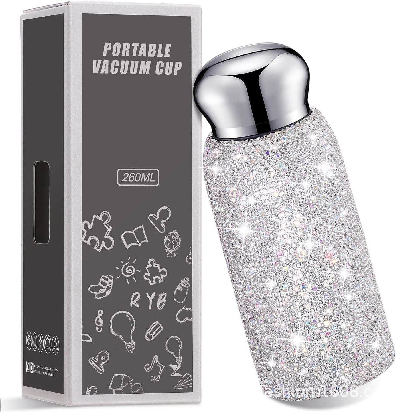 White Handmade Luxury Diamond Insulated Water Bottle – Bling Rhinestone 304 Stainless Steel Pocket Mug (260ml)