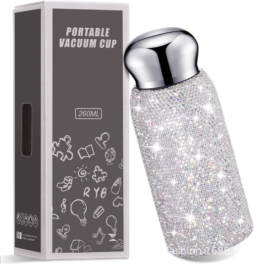 White Handmade Luxury Diamond Insulated Water Bottle – Bling Rhinestone 304 Stainless Steel Pocket Mug (260ml)
