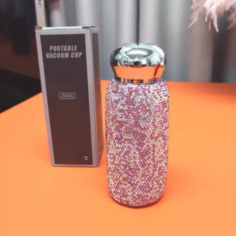 Pink Handmade Luxury Diamond Insulated Water Bottle – Bling Rhinestone 304 Stainless Steel Pocket Mug (260ml)