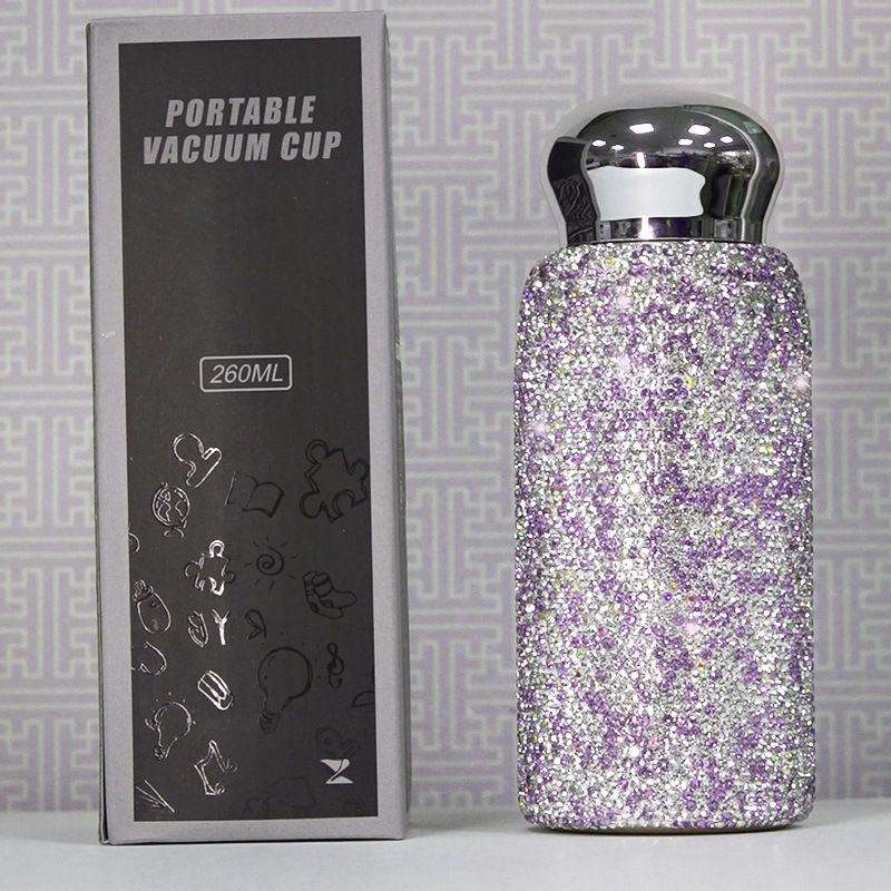Purple Handmade Luxury Diamond Insulated Water Bottle – Bling Rhinestone 304 Stainless Steel Pocket Mug (260ml)