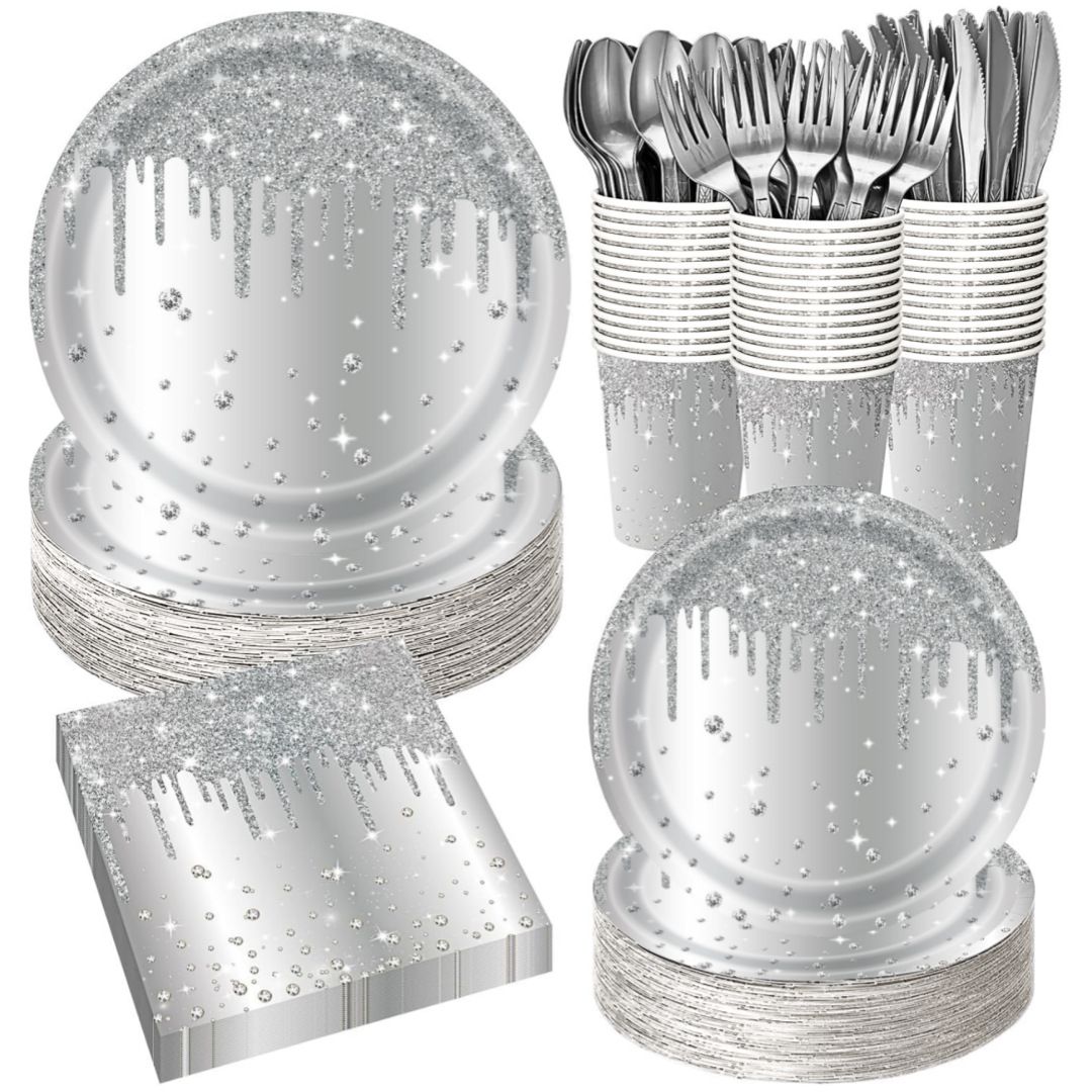 Silver Diamond Sparkle Party Tableware Set 7-Piece Set (Serves 20 People) – 140pcs Disposable Paper Plates, Tissures, Cups & Cutlery Kit for Weddings Birthdays & Parties