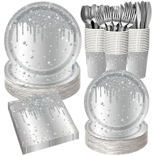 Silver Diamond Sparkle Party Tableware Set 7-Piece Set (Serves 20 People) – 140pcs Disposable Paper Plates, Tissures, Cups & Cutlery Kit for Weddings Birthdays & Parties