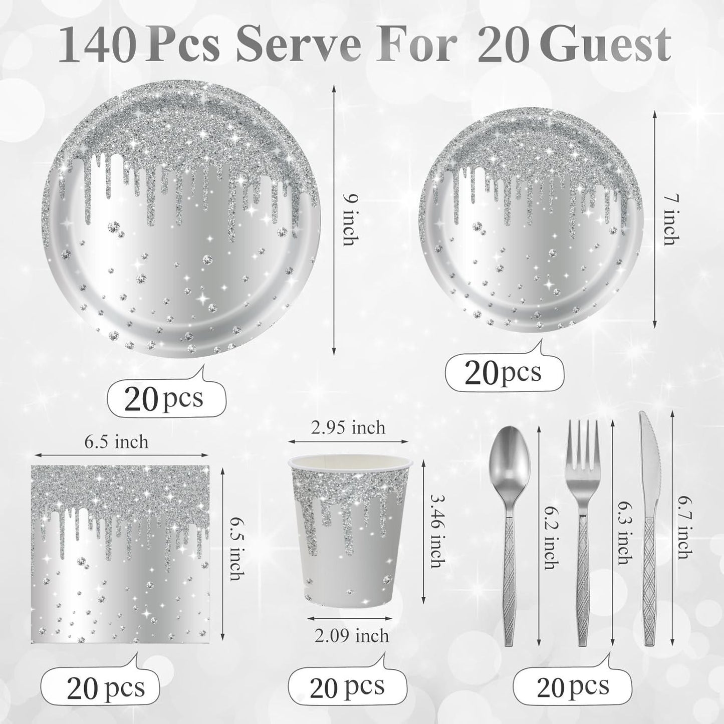 Silver Diamond Sparkle Party Tableware Set 7-Piece Set (Serves 20 People) – 140pcs Disposable Paper Plates, Tissures, Cups & Cutlery Kit for Weddings Birthdays & Parties