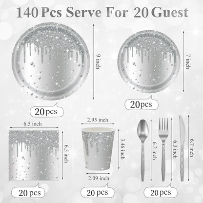 Silver Diamond Sparkle Party Tableware Set 7-Piece Set (Serves 20 People) – 140pcs Disposable Paper Plates, Tissures, Cups & Cutlery Kit for Weddings Birthdays & Parties