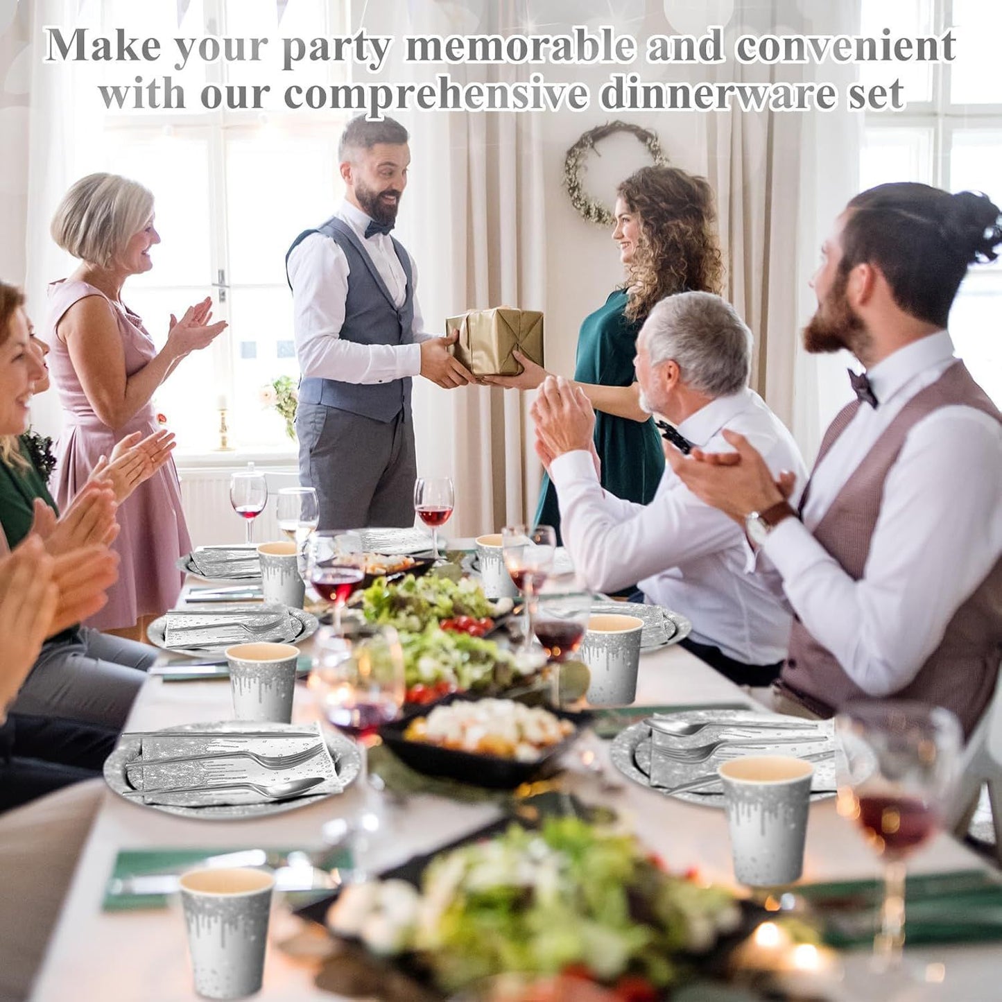 Silver Diamond Sparkle Party Tableware Set 7-Piece Set (Serves 20 People) – 140pcs Disposable Paper Plates, Tissures, Cups & Cutlery Kit for Weddings Birthdays & Parties