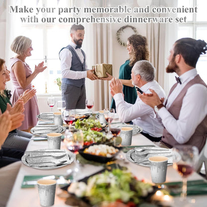 Silver Diamond Sparkle Party Tableware Set 7-Piece Set (Serves 20 People) – 140pcs Disposable Paper Plates, Tissures, Cups & Cutlery Kit for Weddings Birthdays & Parties