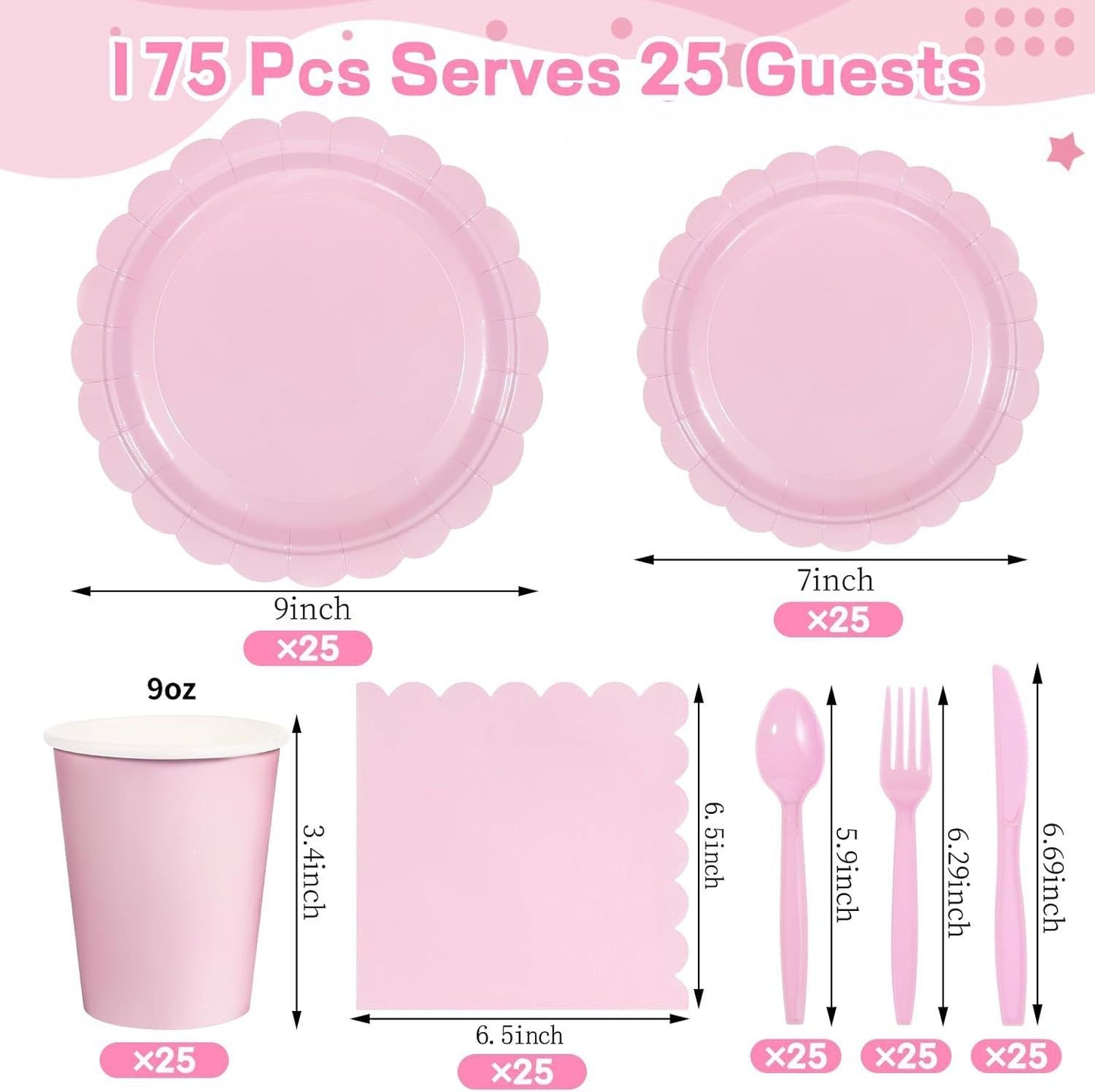 7-Piece Pink Scalloped Party Tableware Set with Floral Wavy Edges – Elegant Disposable Paper Plates 7 / 9 inch, Tissues, Cups & Cutlery Kit for Birthdays Parties and Baby Showers (Serves 25 People)