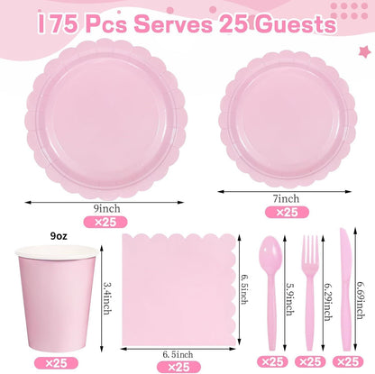 7-Piece Pink Scalloped Party Tableware Set with Floral Wavy Edges – Elegant Disposable Paper Plates 7 / 9 inch, Tissues, Cups & Cutlery Kit for Birthdays Parties and Baby Showers (Serves 25 People)