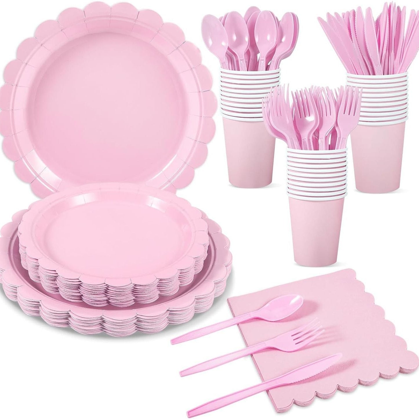 7-Piece Pink Scalloped Party Tableware Set with Floral Wavy Edges – Elegant Disposable Paper Plates 7 / 9 inch, Tissues, Cups & Cutlery Kit for Birthdays Parties and Baby Showers (Serves 50 People)