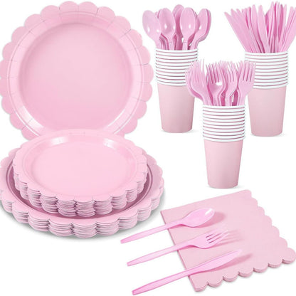 7-Piece Pink Scalloped Party Tableware Set with Floral Wavy Edges – Elegant Disposable Paper Plates 7 / 9 inch, Tissues, Cups & Cutlery Kit for Birthdays Parties and Baby Showers (Serves 50 People)