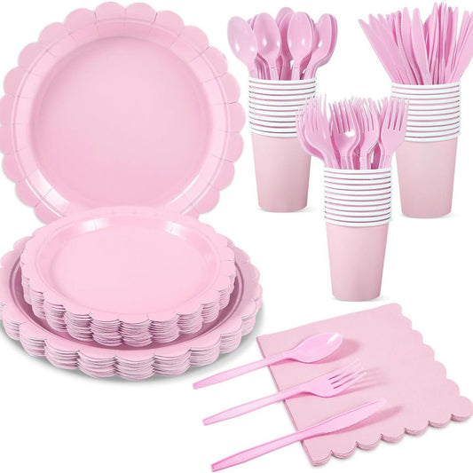 7-Piece Pink Scalloped Party Tableware Set with Floral Wavy Edges – Elegant Disposable Paper Plates 7 / 9 inch, Tissues, Cups & Cutlery Kit for Birthdays Parties and Baby Showers (Serves 50 People)