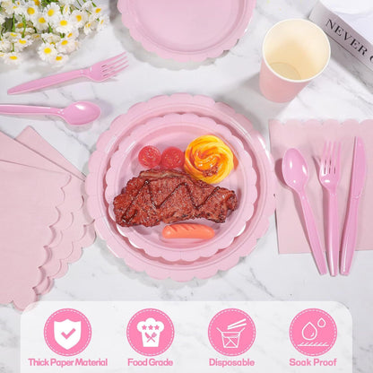 7-Piece Pink Scalloped Party Tableware Set with Floral Wavy Edges – Elegant Disposable Paper Plates 7 / 9 inch, Tissues, Cups & Cutlery Kit for Birthdays Parties and Baby Showers (Serves 50 People)