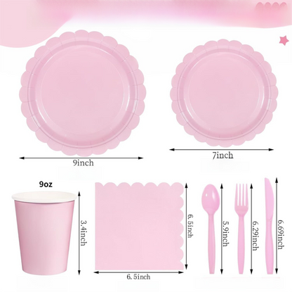 7-Piece Pink Scalloped Party Tableware Set with Floral Wavy Edges – Elegant Disposable Paper Plates 7 / 9 inch, Tissues, Cups & Cutlery Kit for Birthdays Parties and Baby Showers (Serves 50 People)