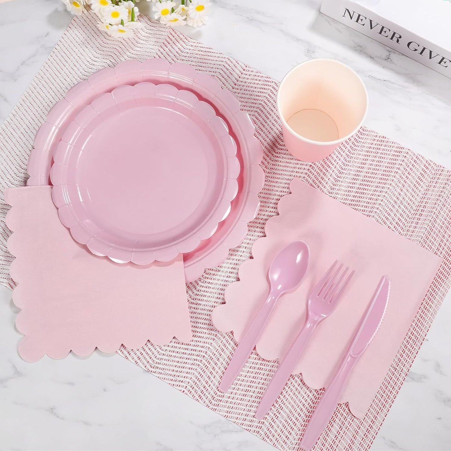 7-Piece Pink Scalloped Party Tableware Set with Floral Wavy Edges – Elegant Disposable Paper Plates 7 / 9 inch, Tissues, Cups & Cutlery Kit for Birthdays Parties and Baby Showers (Serves 50 People)