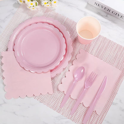 7-Piece Pink Scalloped Party Tableware Set with Floral Wavy Edges – Elegant Disposable Paper Plates 7 / 9 inch, Tissues, Cups & Cutlery Kit for Birthdays Parties and Baby Showers (Serves 50 People)