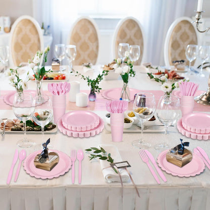 7-Piece Pink Scalloped Party Tableware Set with Floral Wavy Edges – Elegant Disposable Paper Plates 7 / 9 inch, Tissues, Cups & Cutlery Kit for Birthdays Parties and Baby Showers (Serves 50 People)
