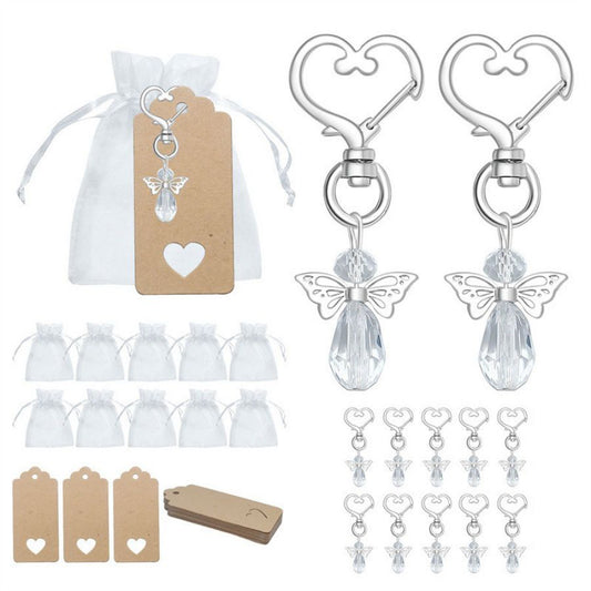 30-Piece White Guardian Angel Keychain Favor Set – Crystal Angel Wings Keyrings with Kraft Tags & Organza Bags for Weddings, Christenings and Party Gifts