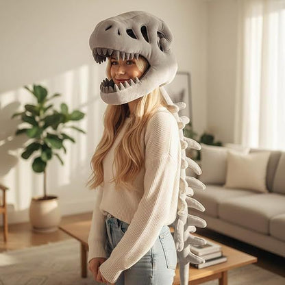 120CM Grey Funny Dinosaur Skeleton Plush Headwear – Quirky Bone Fossil Plushie Hat & Huggable Doll for Party Costumes and Birthday Gifts