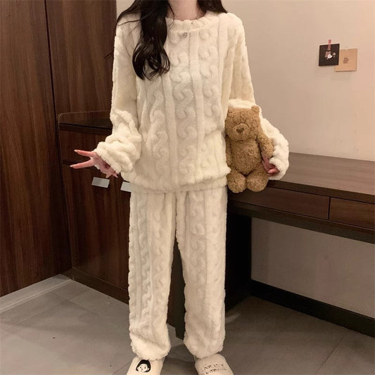White Coral Fleece Jacquard Thermal Pajama Set â€” Autumn/Winter Fleece-Lined, Thickened, Casual Loungewear