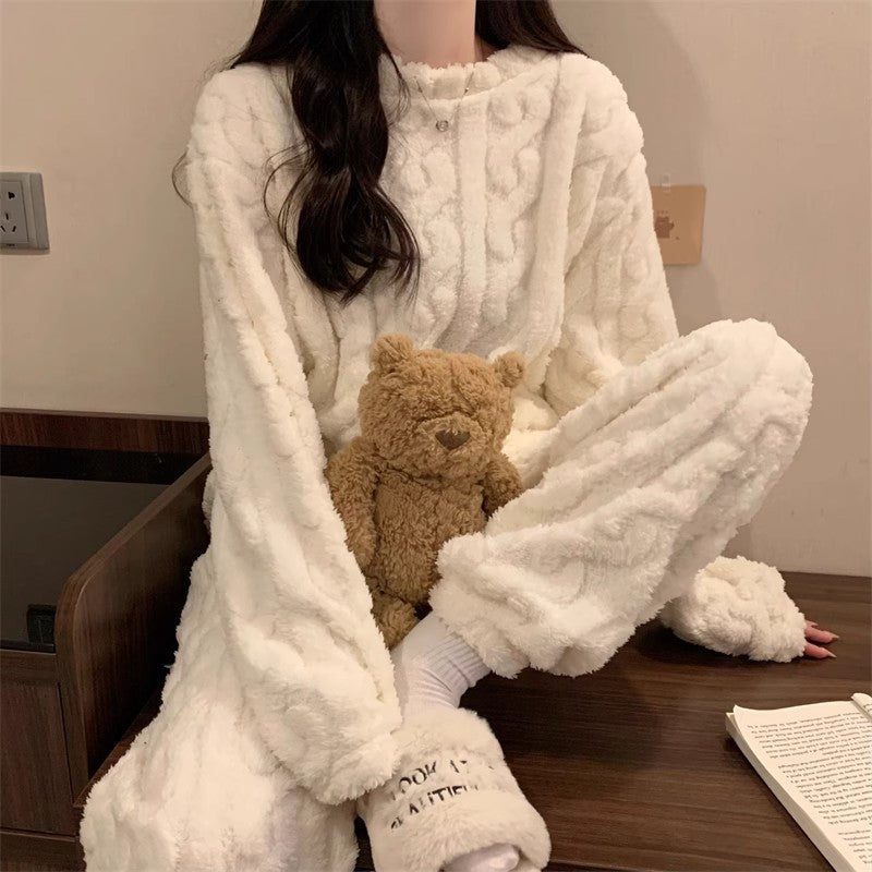 White Coral Fleece Jacquard Thermal Pajama Set â€” Autumn/Winter Fleece-Lined, Thickened, Casual Loungewear