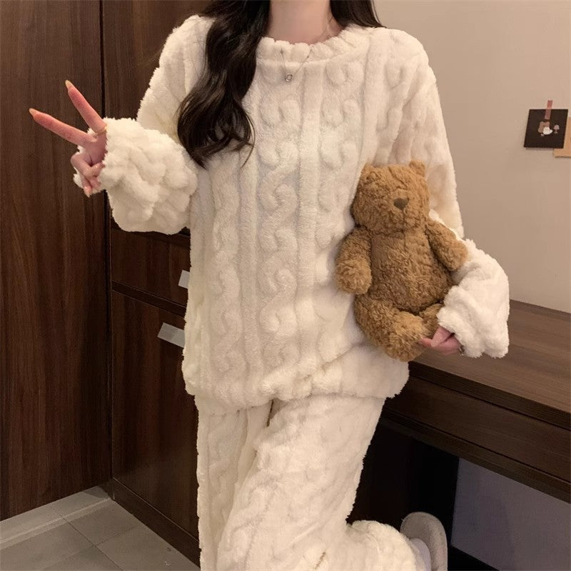 White Coral Fleece Jacquard Thermal Pajama Set â€” Autumn/Winter Fleece-Lined, Thickened, Casual Loungewear