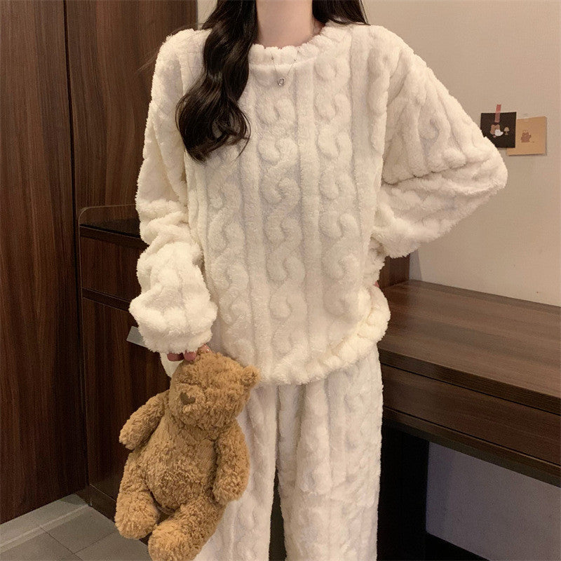 White Coral Fleece Jacquard Thermal Pajama Set â€” Autumn/Winter Fleece-Lined, Thickened, Casual Loungewear