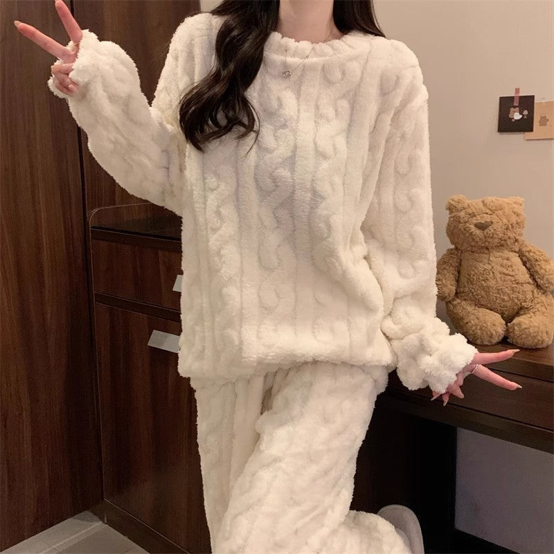 White Coral Fleece Jacquard Thermal Pajama Set â€” Autumn/Winter Fleece-Lined, Thickened, Casual Loungewear