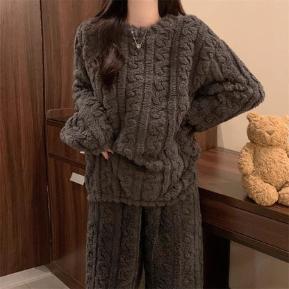 Grey Coral Fleece Jacquard Thermal Pajama Set â€” Autumn/Winter Fleece-Lined, Thickened, Casual Loungewear