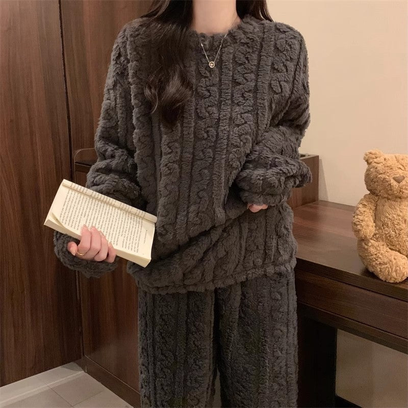 Grey Coral Fleece Jacquard Thermal Pajama Set â€” Autumn/Winter Fleece-Lined, Thickened, Casual Loungewear