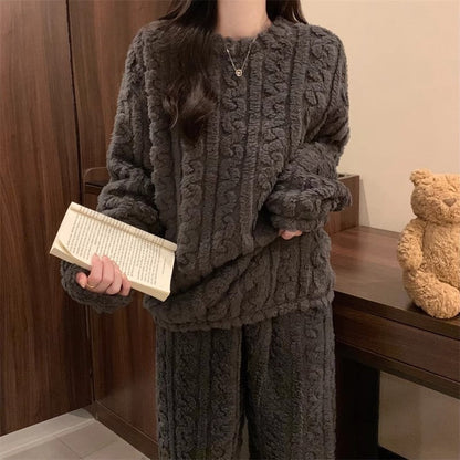 Grey Coral Fleece Jacquard Thermal Pajama Set â€” Autumn/Winter Fleece-Lined, Thickened, Casual Loungewear
