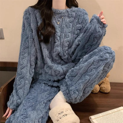Blue Coral Fleece Jacquard Thermal Pajama Set â€” Autumn/Winter Fleece-Lined, Thickened, Casual Loungewear