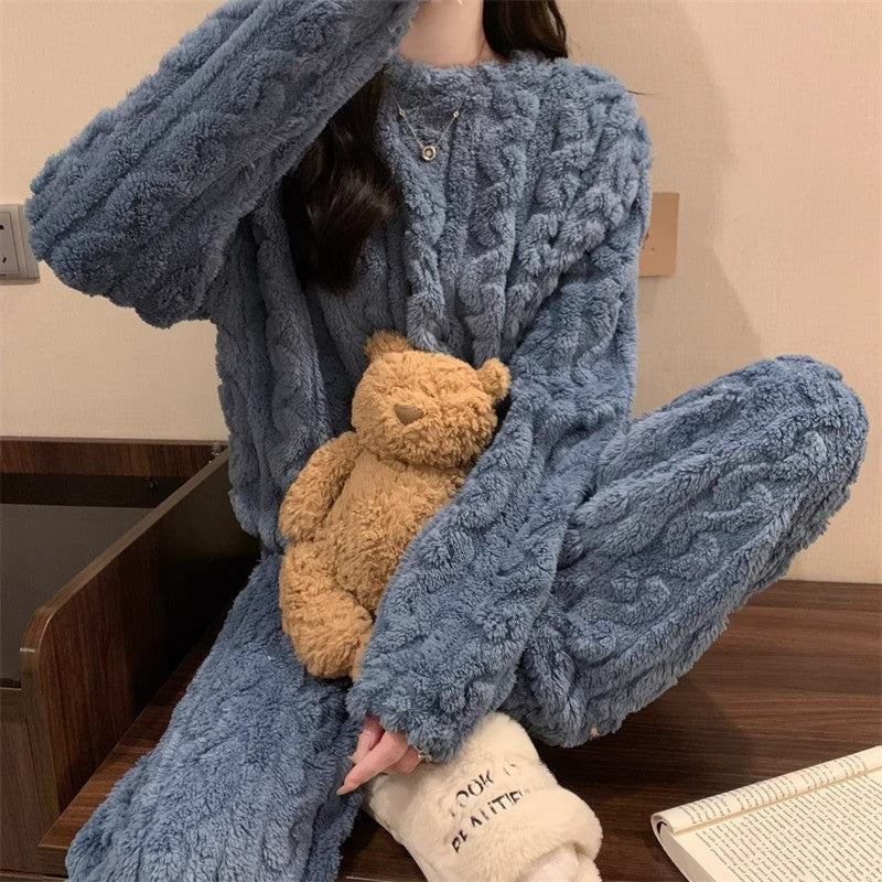 Blue Coral Fleece Jacquard Thermal Pajama Set â€” Autumn/Winter Fleece-Lined, Thickened, Casual Loungewear