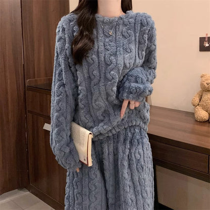 Blue Coral Fleece Jacquard Thermal Pajama Set â€” Autumn/Winter Fleece-Lined, Thickened, Casual Loungewear
