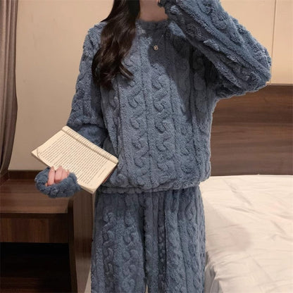 Blue Coral Fleece Jacquard Thermal Pajama Set â€” Autumn/Winter Fleece-Lined, Thickened, Casual Loungewear