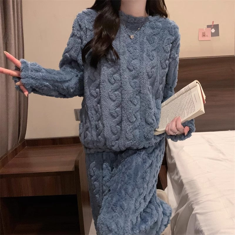 Blue Coral Fleece Jacquard Thermal Pajama Set â€” Autumn/Winter Fleece-Lined, Thickened, Casual Loungewear