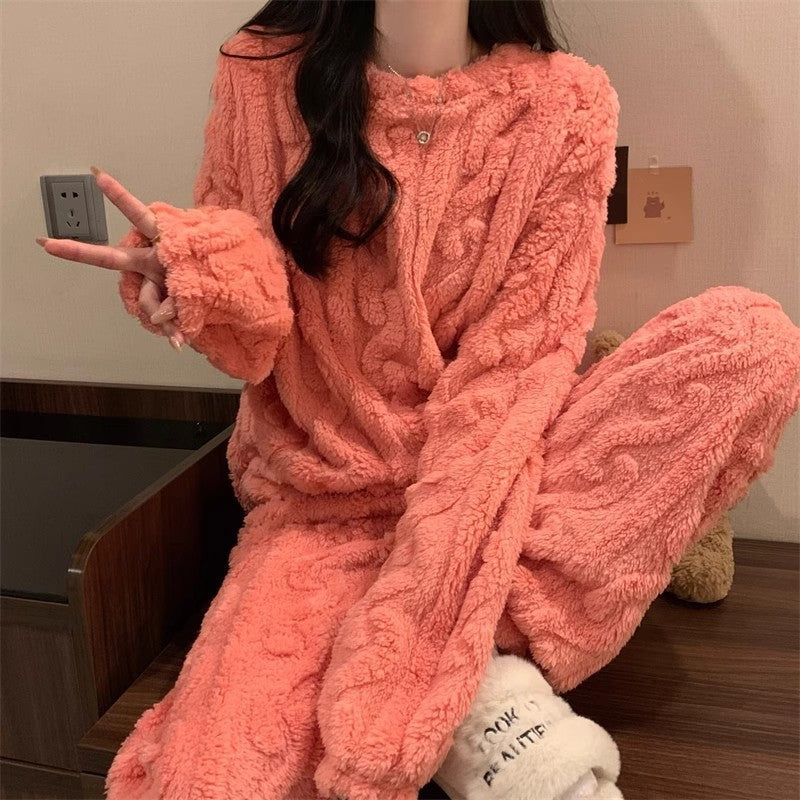 Pink Coral Fleece Jacquard Thermal Pajama Set â€” Autumn/Winter Fleece-Lined, Thickened, Casual Loungewear