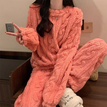 Pink Coral Fleece Jacquard Thermal Pajama Set â€” Autumn/Winter Fleece-Lined, Thickened, Casual Loungewear