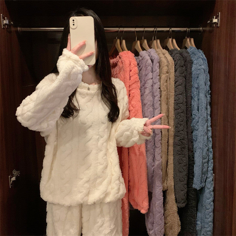 Pink Coral Fleece Jacquard Thermal Pajama Set â€” Autumn/Winter Fleece-Lined, Thickened, Casual Loungewear