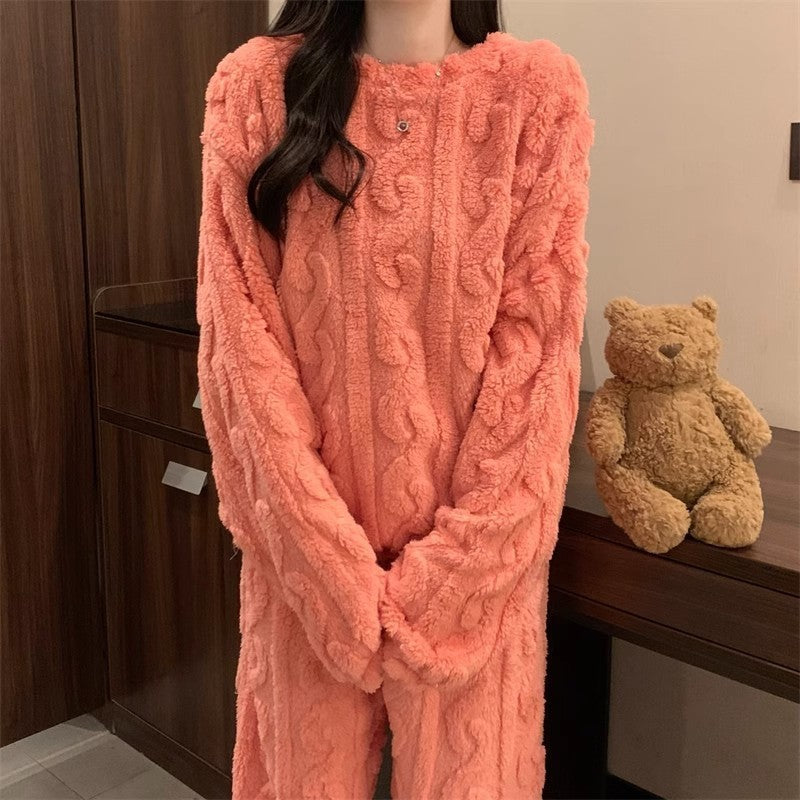 Pink Coral Fleece Jacquard Thermal Pajama Set â€” Autumn/Winter Fleece-Lined, Thickened, Casual Loungewear