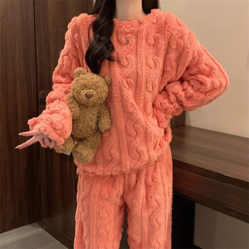 Pink Coral Fleece Jacquard Thermal Pajama Set â€” Autumn/Winter Fleece-Lined, Thickened, Casual Loungewear