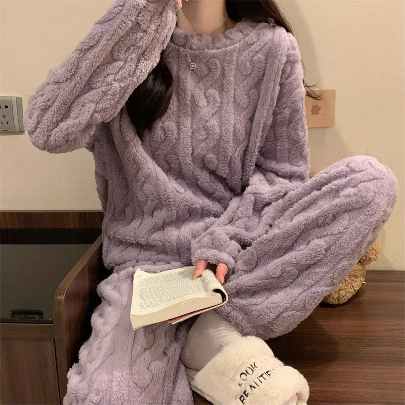 Purple Coral Fleece Jacquard Thermal Pajama Set â€” Autumn/Winter Fleece-Lined, Thickened, Casual Loungewear