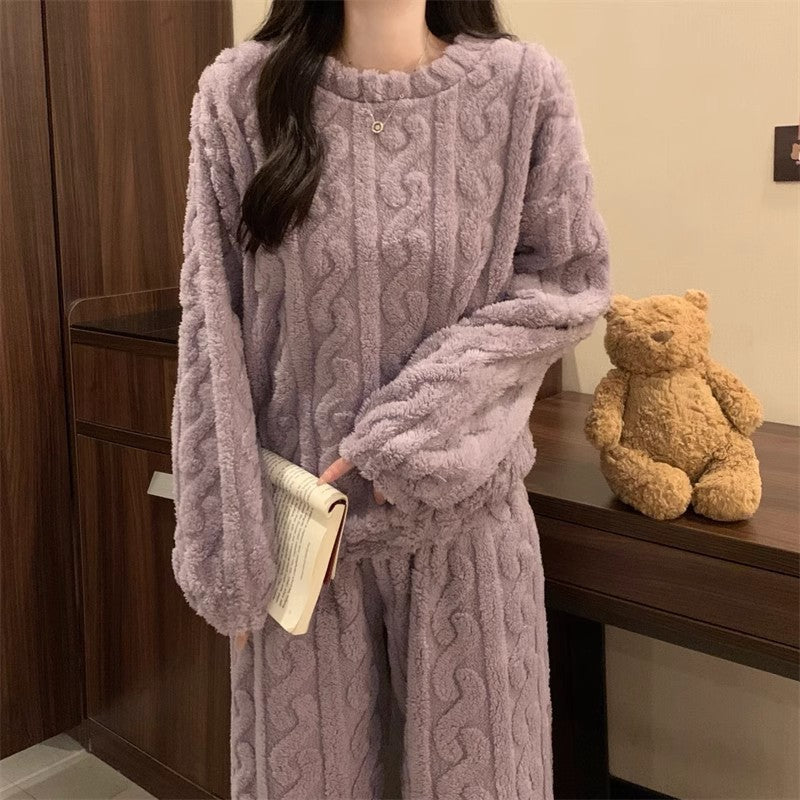 Purple Coral Fleece Jacquard Thermal Pajama Set â€” Autumn/Winter Fleece-Lined, Thickened, Casual Loungewear