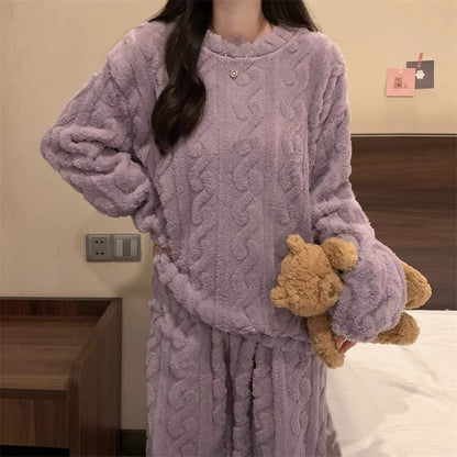 Purple Coral Fleece Jacquard Thermal Pajama Set â€” Autumn/Winter Fleece-Lined, Thickened, Casual Loungewear